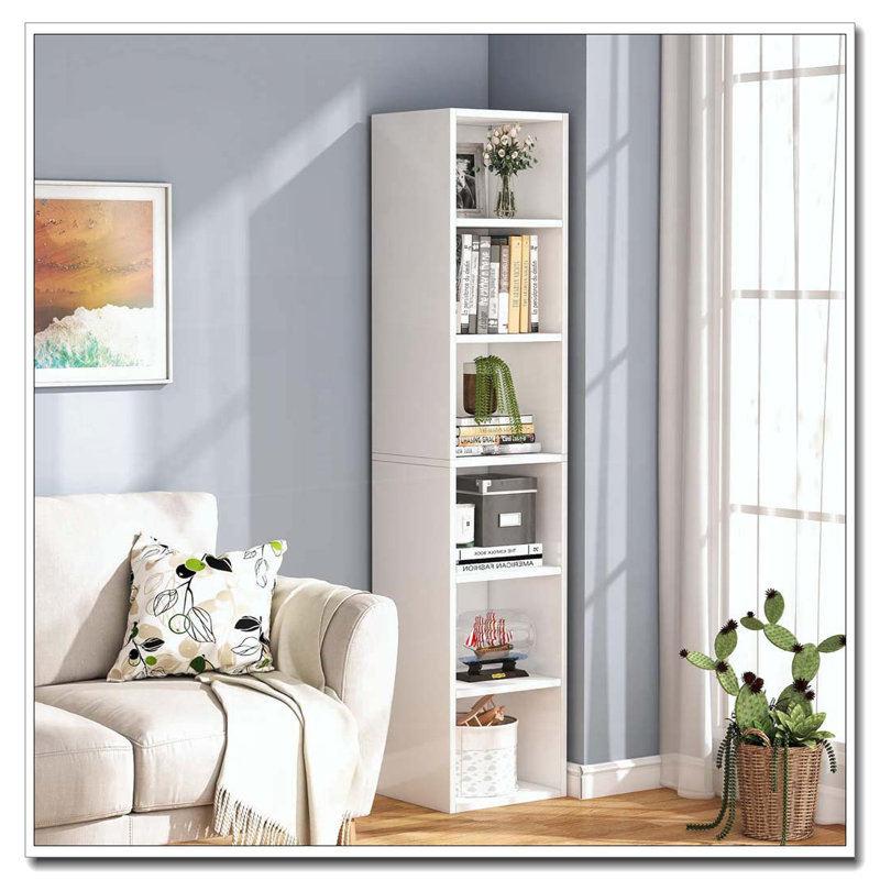 Bibliothèque à 6 coins étroits pour salon, bureau, chambre à coucher, Blanc
