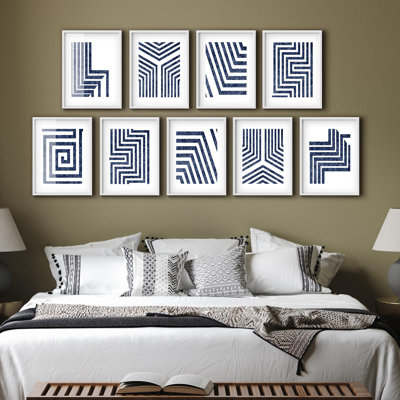 Art mural encadré, ensemble de galerie, collage géométrique bleu, dessin au trait, formes abstraites, art numérique, art moderne, amusement dramatique, bichromie foncée pour chambre à coucher, salon, bureau - 12 po x 16 po x 9 blanc