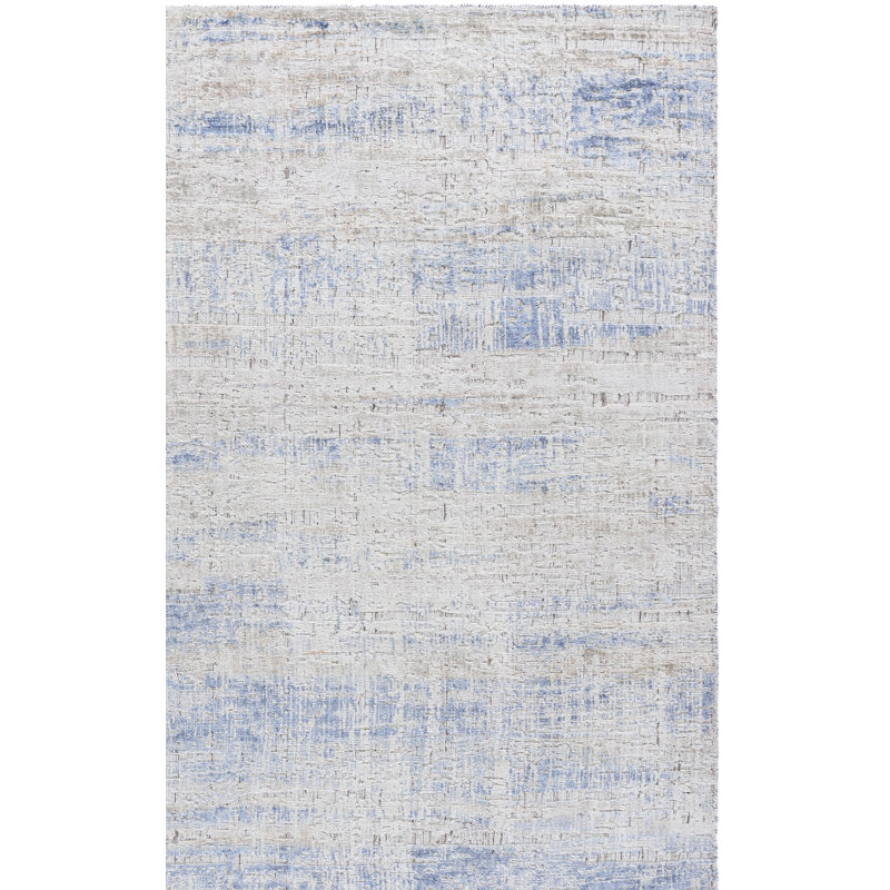 Tapis gris / bleu en viscose / coton / laine sans motif Bedford 201 tissé à la main, Rectangle 9 pi x 12 pi