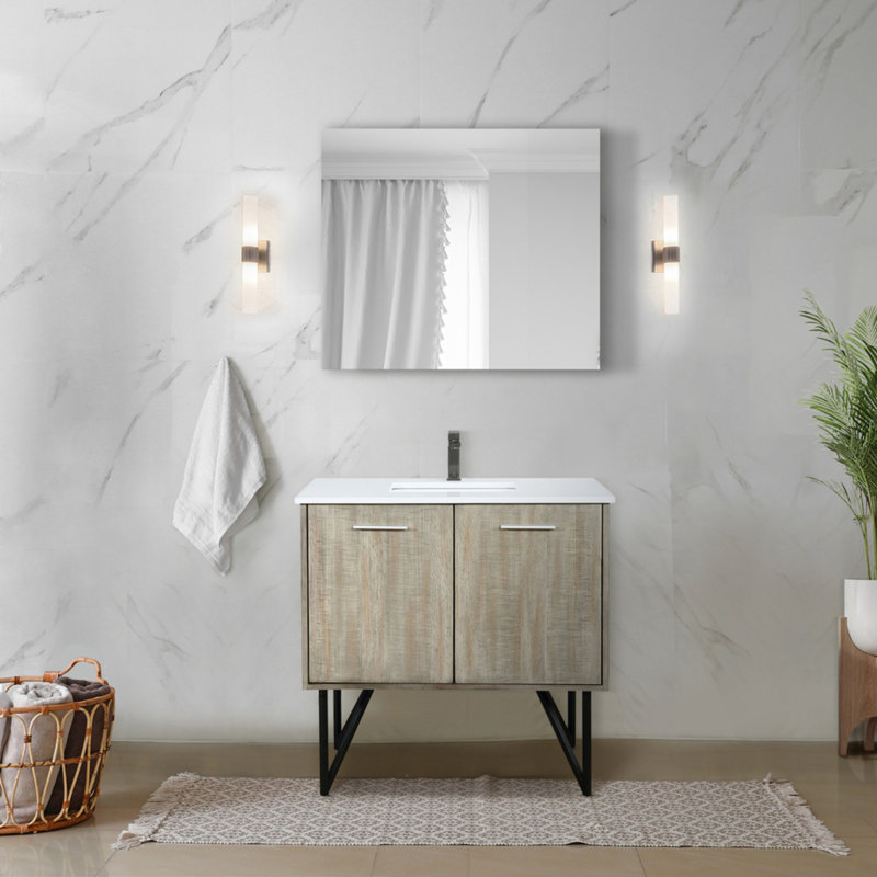 Meuble-lavabo rustique en acacia 36 po X P 20 po , Comptoir en quartz blanc, ensemble de robinets en or rose et Miroir