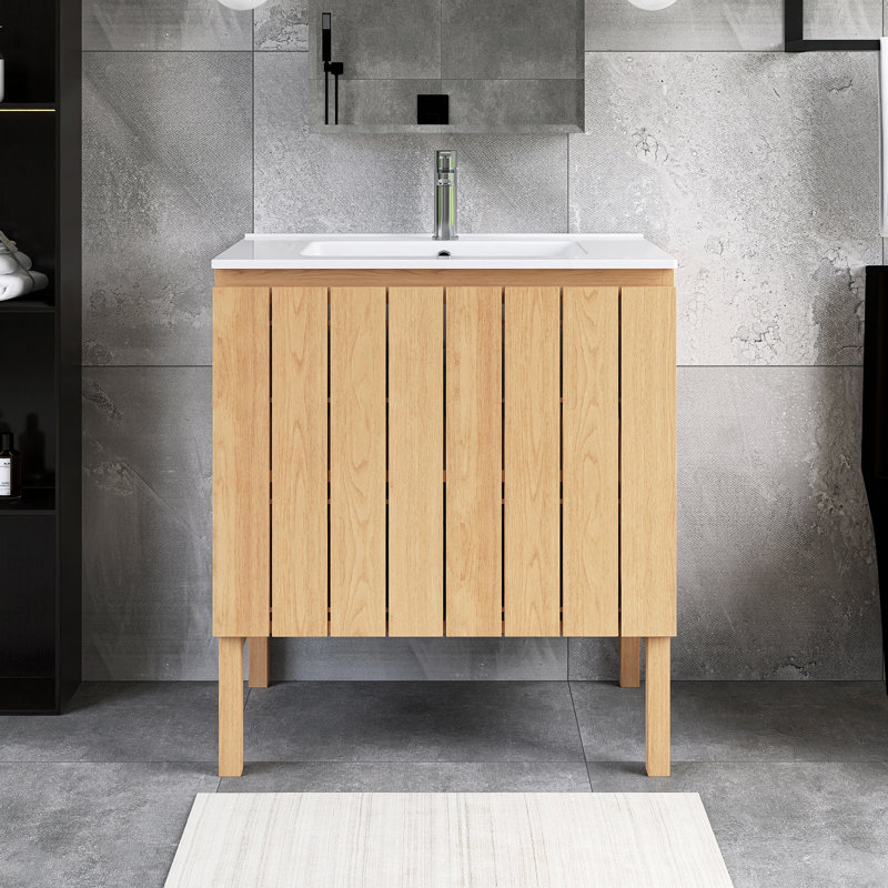 Meuble-lavabo simple autoportant 30 po en chêne avec plateau en céramique blanche
