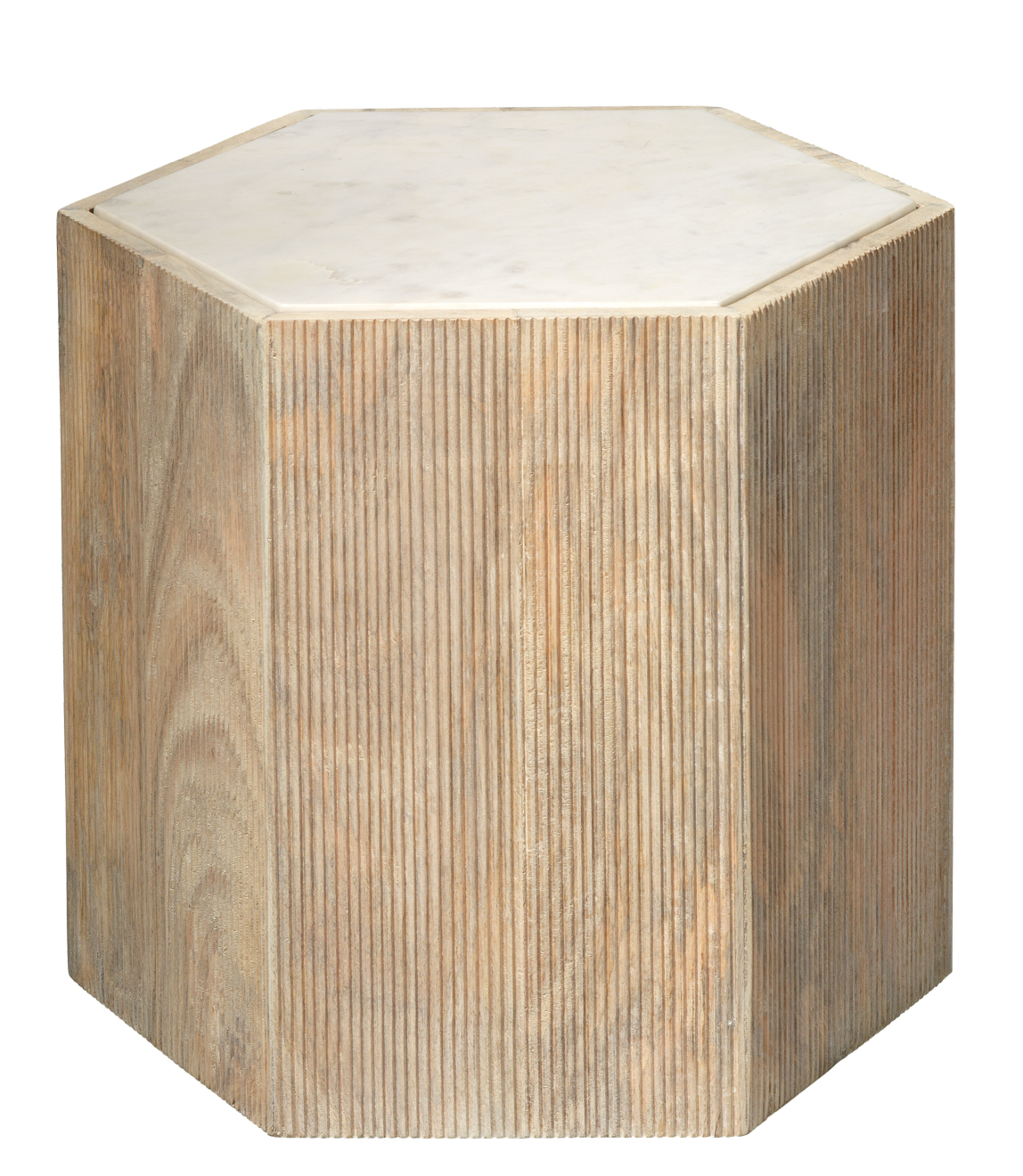 Large Tiney Hexagon Table in Natural Wood & White Marble Joss & Main Size: 14 H x 20 W x 17 D