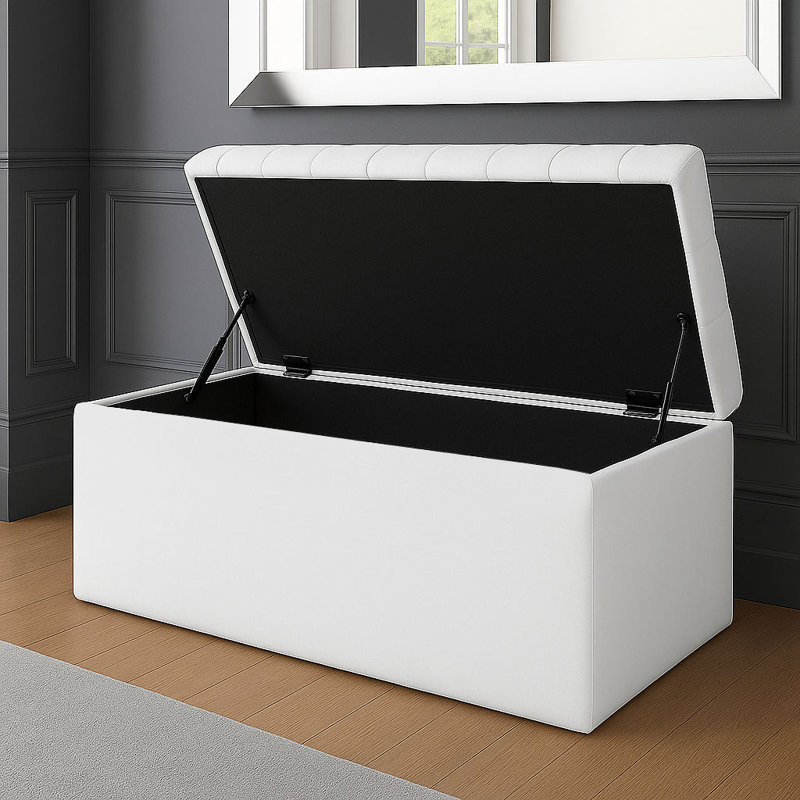 SD Plush Velvet Chesterfield Upholstered Ottoman Storage Box, White, 43cm H x 120cm W x 40cm D