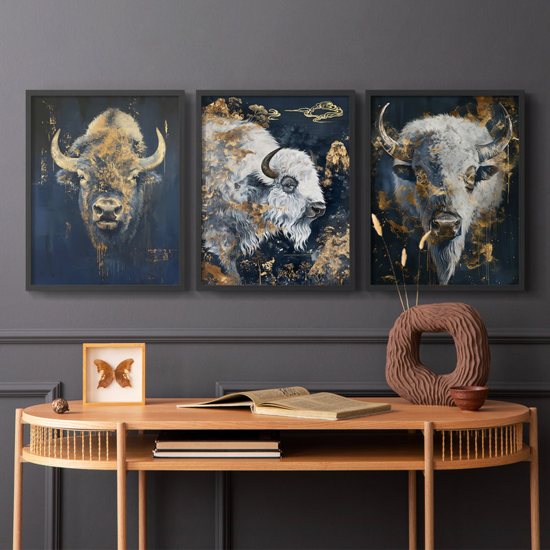 Buffalo Series XLIX - ensemble de 3 estampes numériques encadrées - prêt à être accroché, Cadre noir, H 20 po x l 16 po