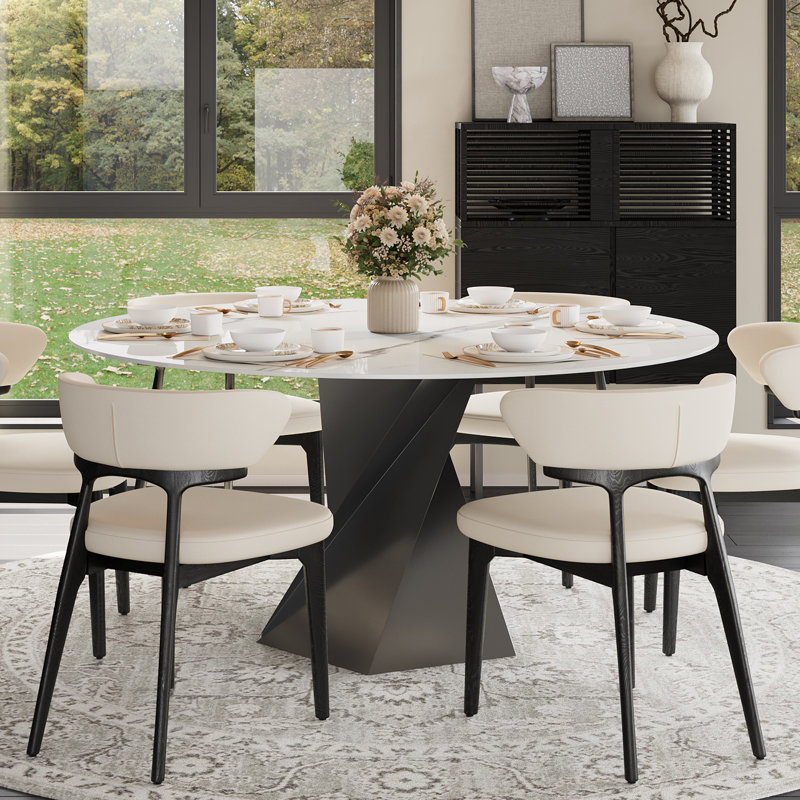 Table de salle à manger 59 po ronde pour 8 personnes, table de salle à manger moderne en pierre frittée blanche avec base torsadée en acier inoxydable