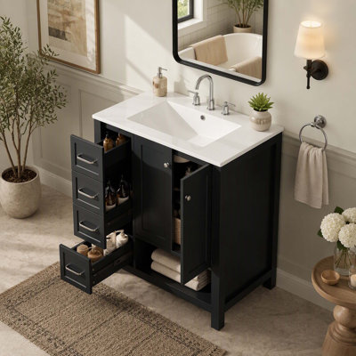 Meuble-lavabo 30 po avec comptoir, meuble-lavabo avec deux portes et deux tiroirs, bois massif, tablette ouverte, panneaux de fibres à densité moyenne, un paquet, noir
