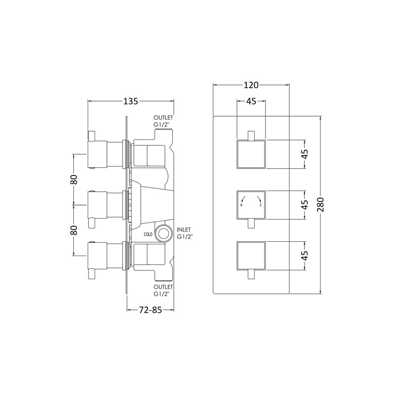 Triple Concealed Thermostatic Shower Valve