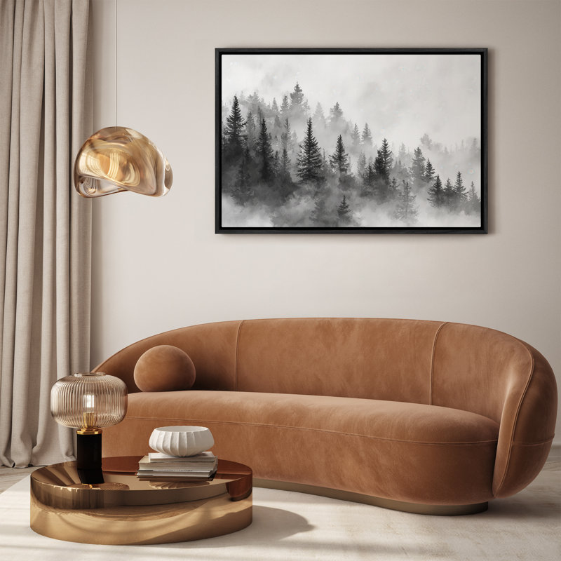 «Misty Pine Forest Layers» dans des tons monochromes, art mural encadré, H 24 po x l 36 po, Noir