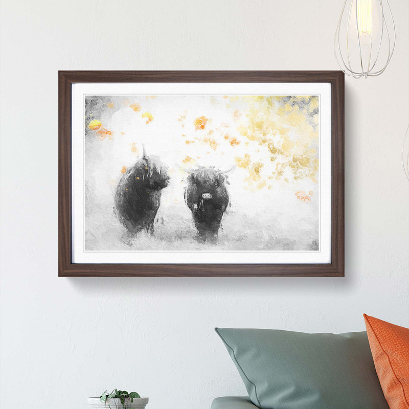 Two Highland Cows in Abstract - Picture Frame Painting Print, 48cm H x 65cm W x 2cm D, Walnut Framed