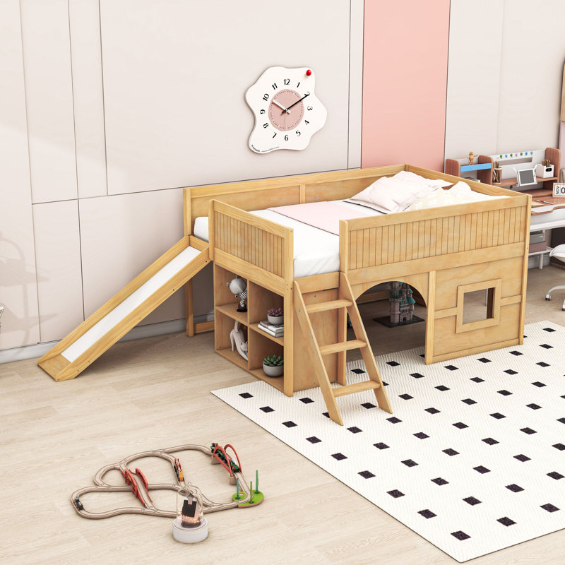 Full Size Wooden Low Loft Bed with Storage Shelves and Slide, Natural