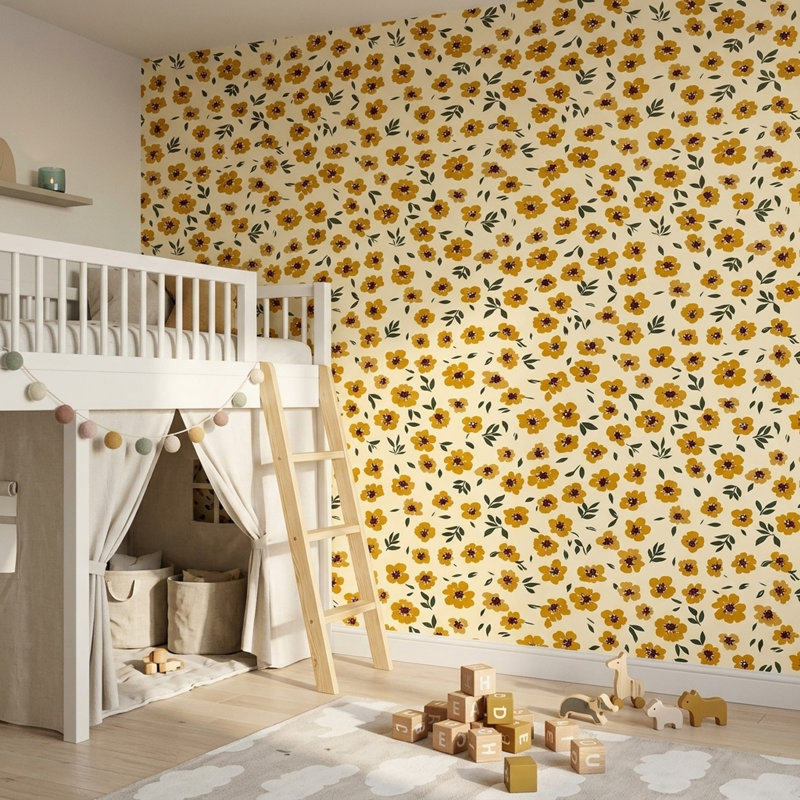 Papier peint fleurs de moutarde jaune crème, Non-Woven Non-Pasted