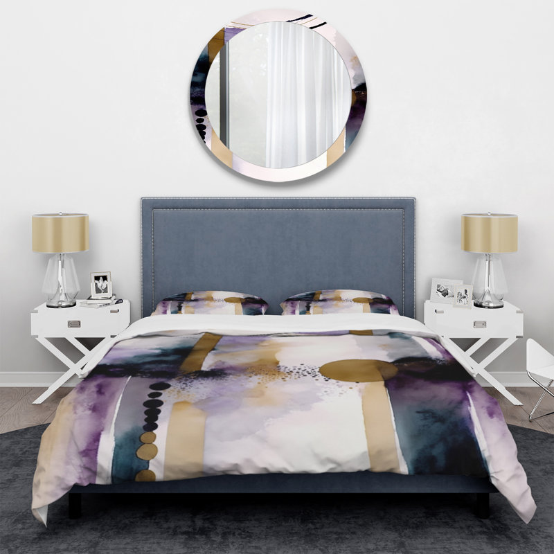Ensemble de housse de couette en microfibre / polyester abstrait géométrique mauve et doré II