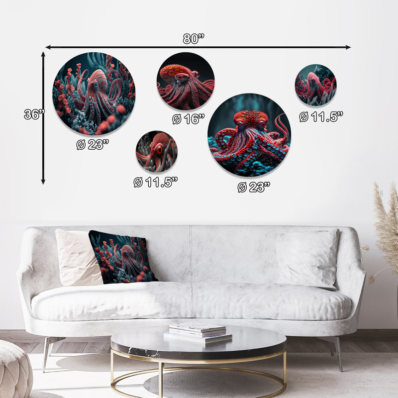 Ensemble de 5 décorations murales pieuvre rouge sur l'océan
