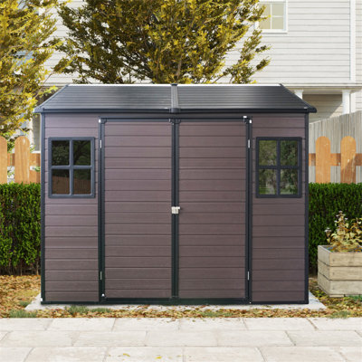 Remise de rangement extérieure en résine 8 x 6 pi imperméable avec plancher et deux fenêtres et porte verrouillable, remise à outils pour le jardin, le patio, la cour arrière