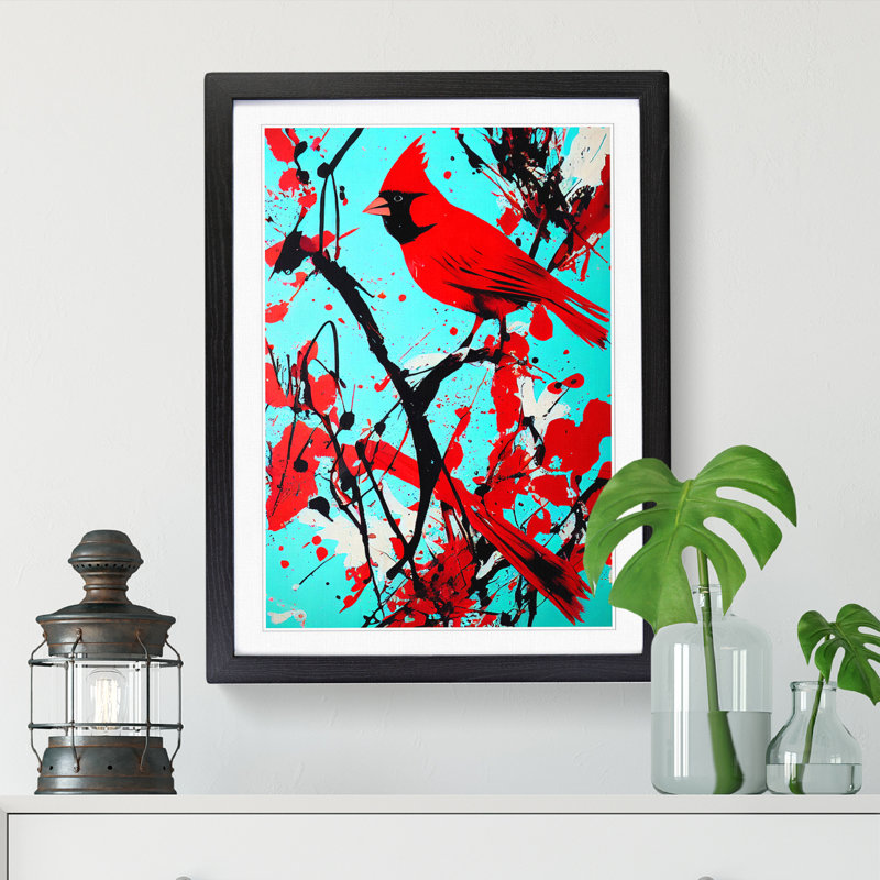 FRM-V0523-359X Cardinal Bird Splatter - Single Picture Frame Print, 46cm H x 34cm W x 2cm D, Walnut Framed