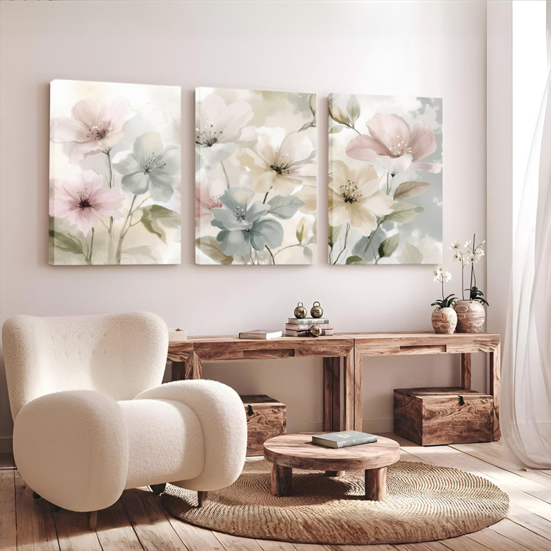 "Soft Floral", impression sur toile tendue sur toile (ensemble de 3), H 30 po x l 60 po