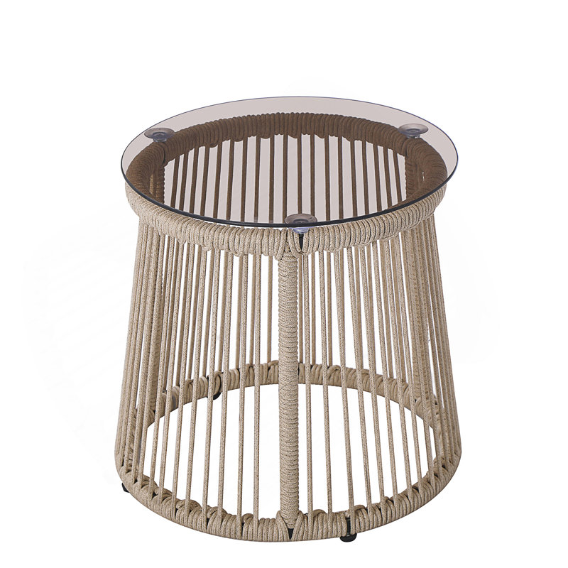 MOONSTONE MODERN ROPE WEAVE SIDE TABLE with Tempered Glass Top for Outdoor Use and Durability