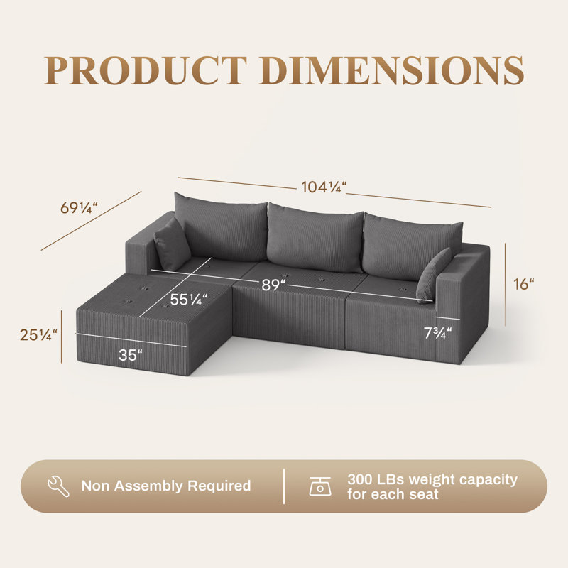 Boneless 104.25''W Corduroy Modular Sectional Sofa, No Assembly Required, Gray Corduroy