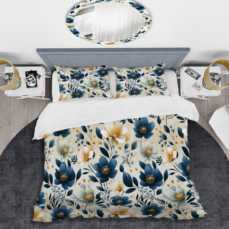 Ensemble de housse de couette Antique Blue Graceful Flowers I - Floral, Housse de couette simple + 1 taie décorative stan