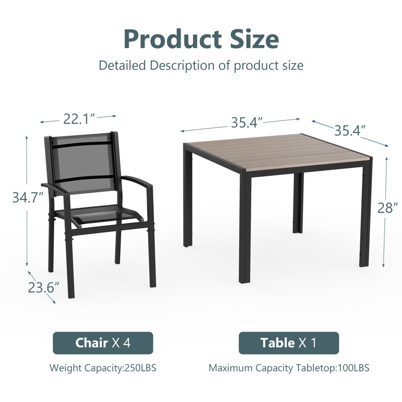 5-Piece Patio Dining Chair Sets PVC-coated polyester Bistro Chairs with Dining Table, Black