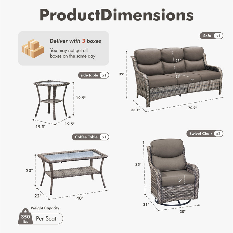 Ensemble de conversation de patio en osier tissé à la main pour 5 personnes avec chaises pivotantes et table d'appoint, coussins en oléfine de 5 po