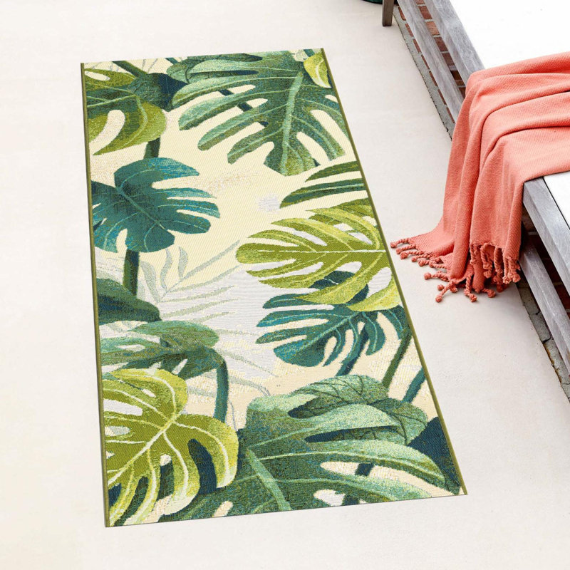 Tapis intérieur / extérieur floral Cindina, Tapis de couloir 2 pi 7 po x 7 pi 1 po