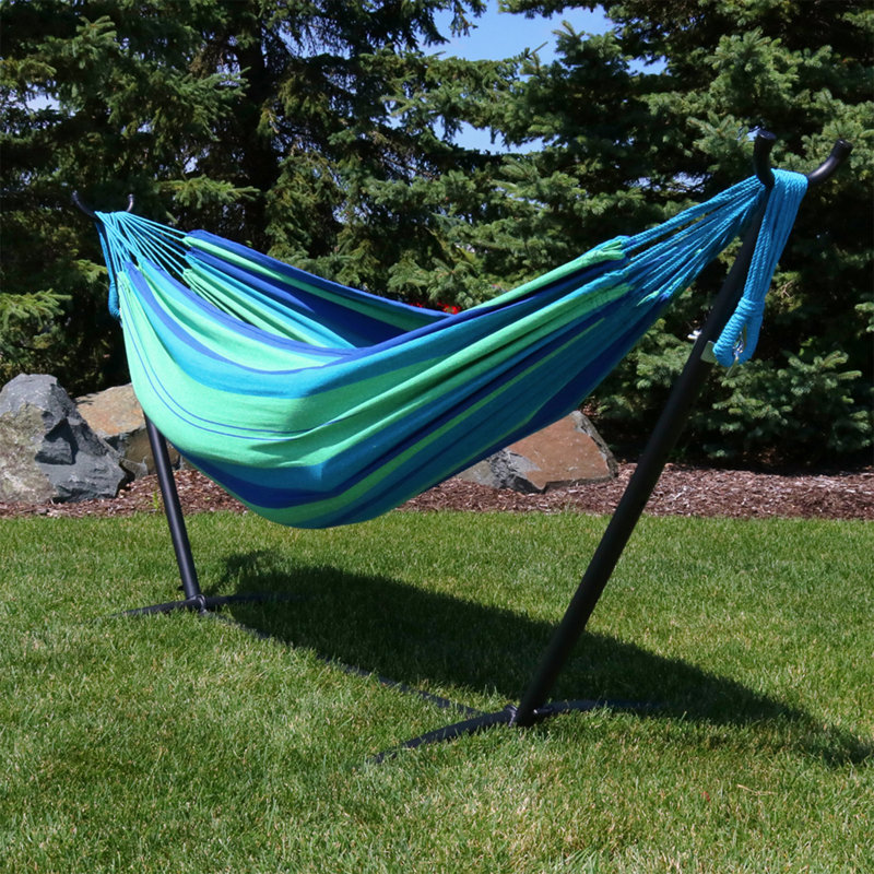  Hamac double en coton tissé double 2 personnes avec support Mira - Oasis, Bleu foncé / vert / bleu clair