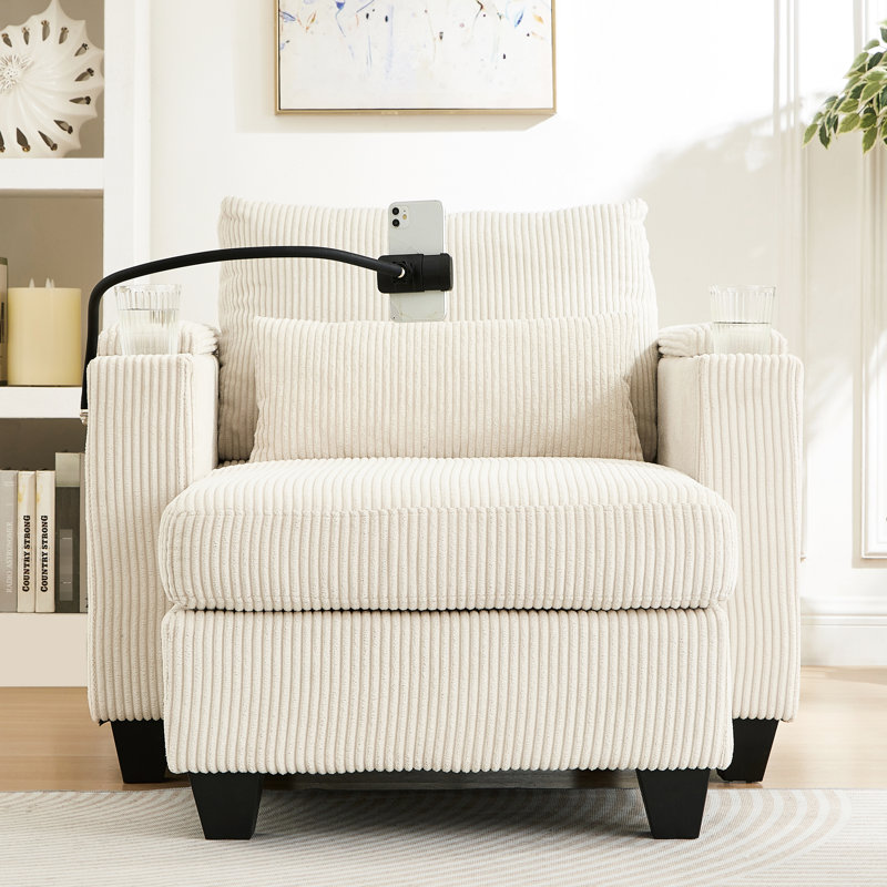 Chaise en velours côtelé beige avec porte-gobelets, compartiments de rangement et organisateurs latéraux multifonctionnels pour petits espaces