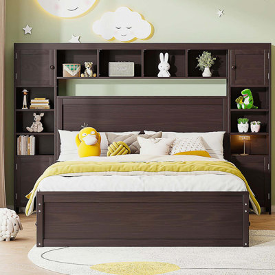 Grand lit en bois avec armoire tout-en-un, tablette et prises, espresso