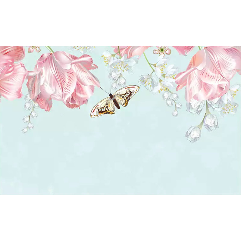 Pink Flowers Yellow Butterfly Classical Removable Textured Wallpaper, 112" W x 75" L