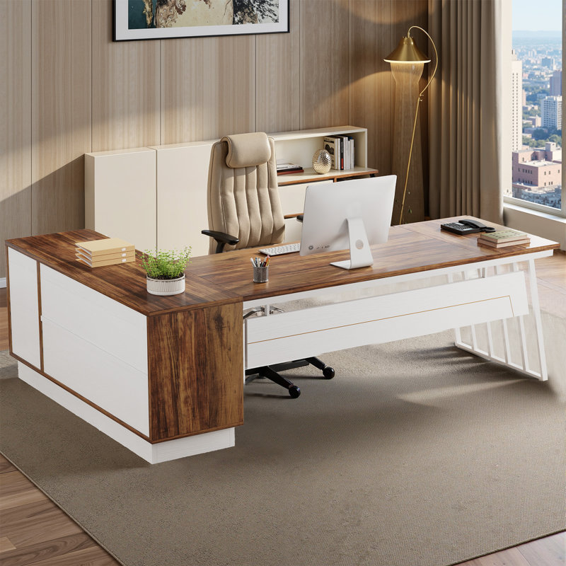 Bureau de direction en L 71 po avec tiroirs et tablettes de rangement, Brun rustique / Blanc