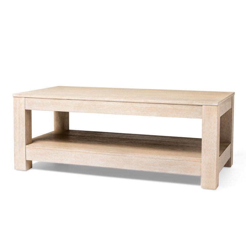 Weathered White Rectangular Wooden Coffee Table with Storage Shelf