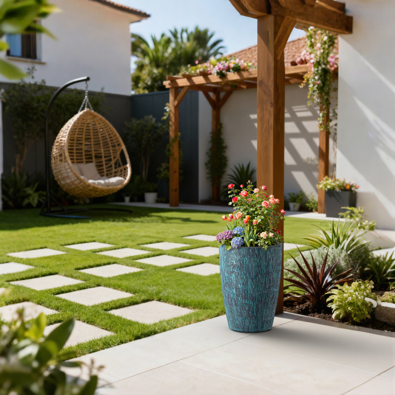 Pot à fleurs rond en béton moyen 11 po avec trous de drainage turquoise (intérieur amélioré) pour l'intérieur et l'extérieur