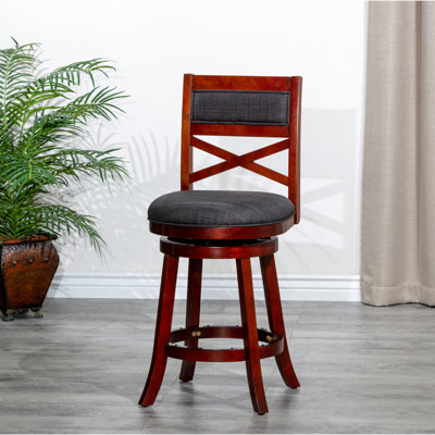 Tabouret de bar pivotant 30 po en cerisier avec siège en tissu gris anthracite lisse - Finition élégante des sièges et velours