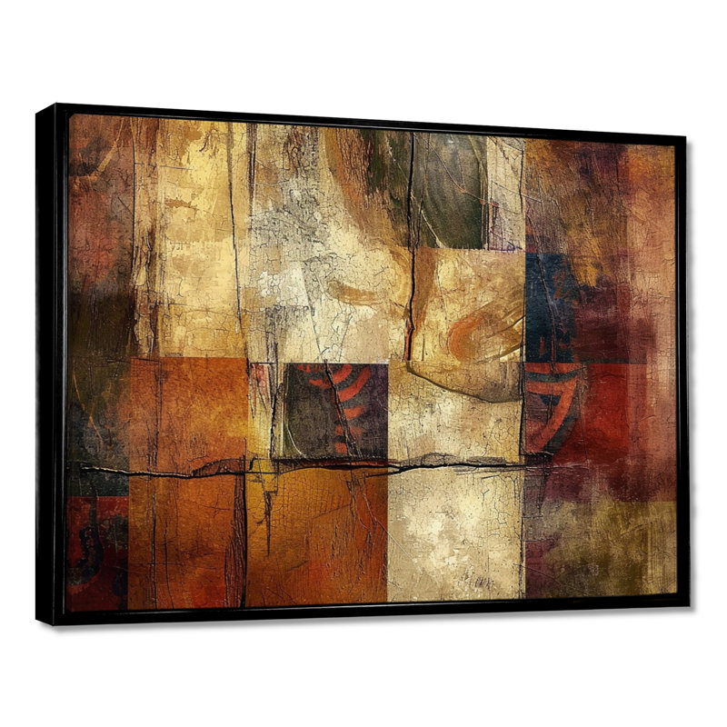 Art mural rétro rétro cubiste brun doré I - Collages abstraits, Cadre flottant noir, H 24 po x l 32 po