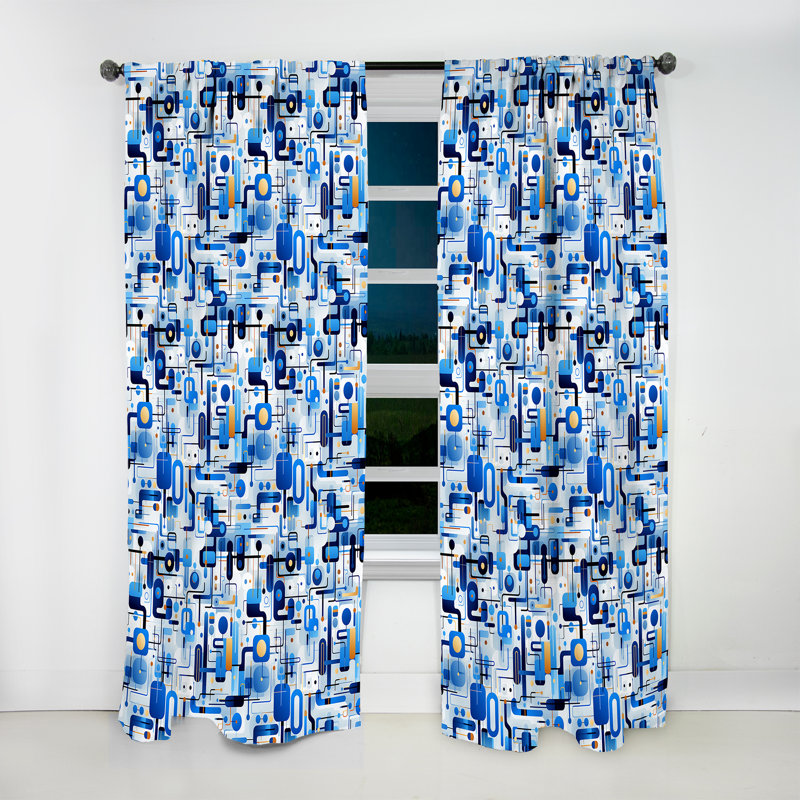 Rideau obscurcissant géométrique abstrait bleu et blanc cobalt - 1 panneaux, L 52 po x L 84 po