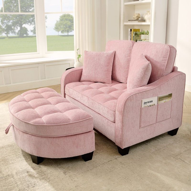 Fauteuil rembourré confortable, repose-pieds avec espace de rangement, Rose