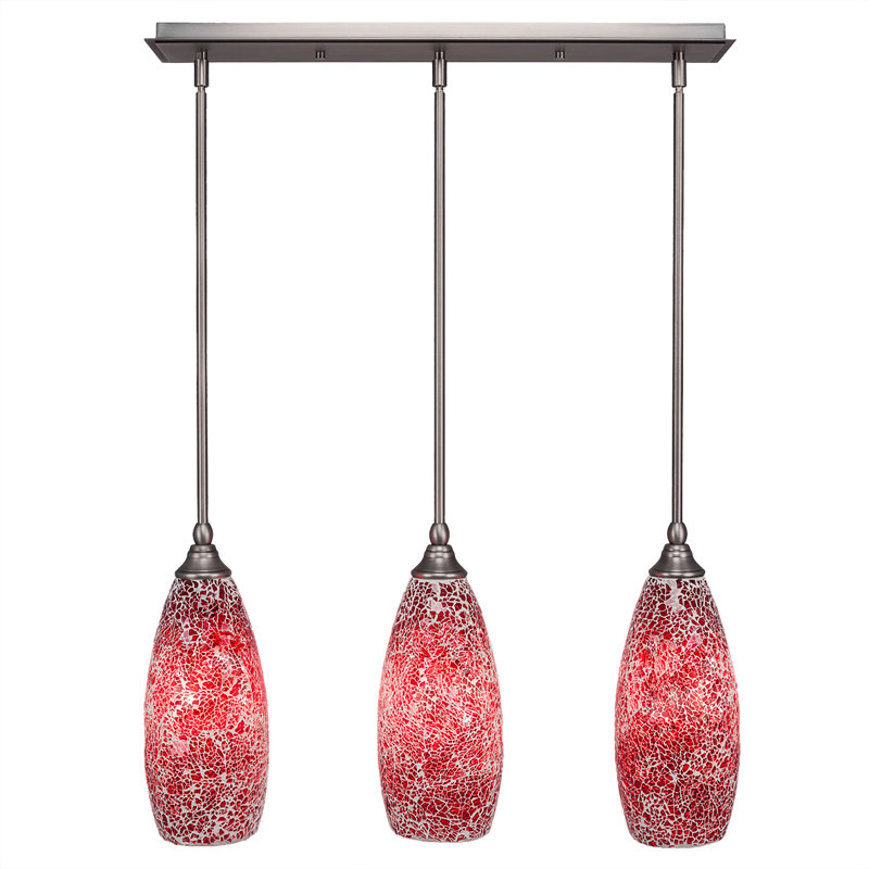 3 Light Stem Hung Linear Pendalier Shown With 5" Fusion Glass, Red, Brushed Nickel, 13.25" H x 25.25" W x 5.5" D