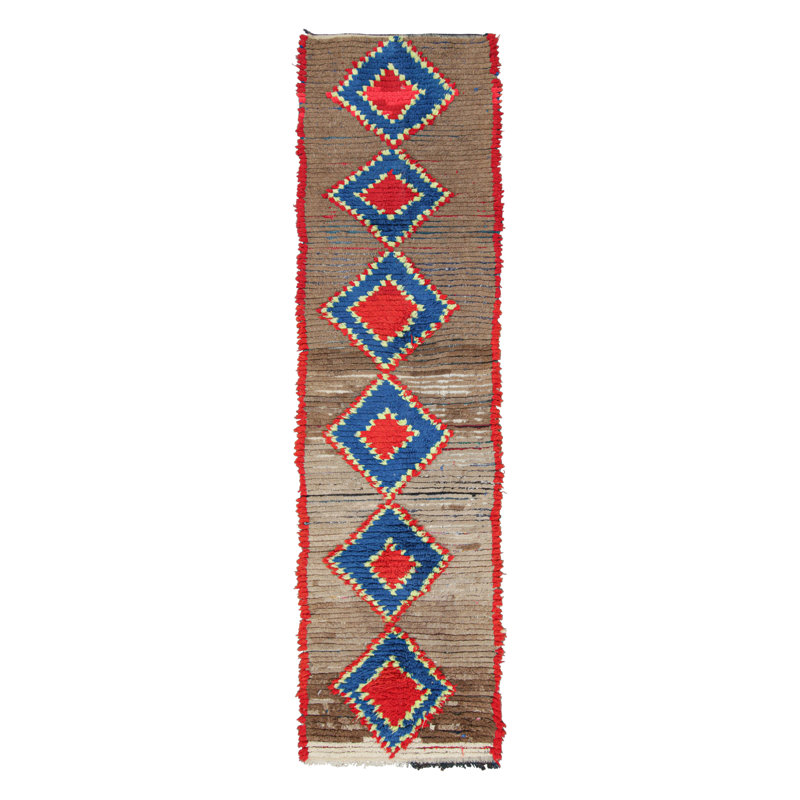 Vintage Moroccan Runner Rug With Red & Blue Diamond Medallions - Rug & Kilim
