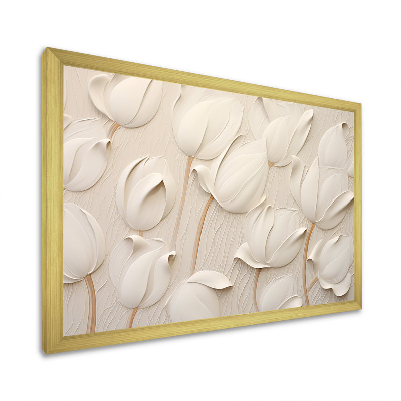 Minimalisme, tulipes blanches symphonie - tulipes, art mural, Cadre photo unique, H 12 po x l 20 po, Doré