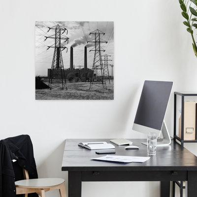 1950S Industrial Power Plant Billowing Smoke To Generate Electricity Power Line Towers In Foreground Classic Industrial Retro Plant Architecture Wa...