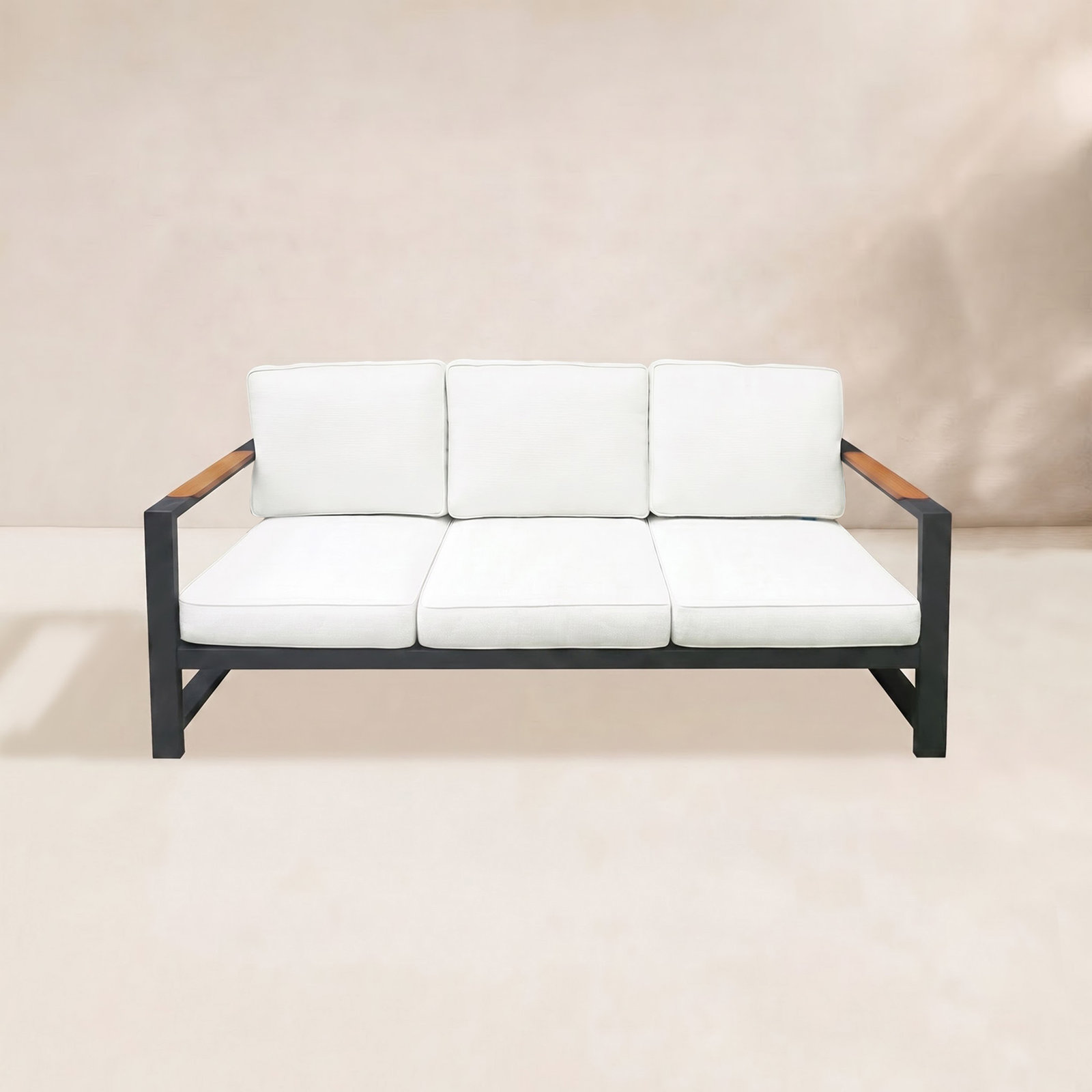 Jayton 8-Person Patio Seating Group, Ivory Cushion/Black Frame, 3 Pcs: Table, 2 Sofas