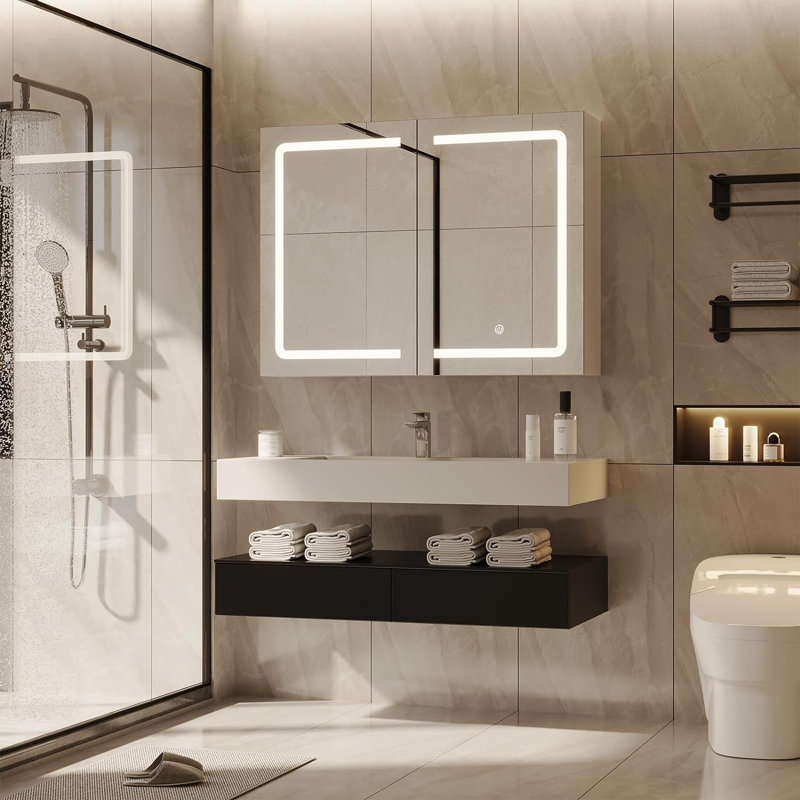 Kashia W 23.62'' H Wall Mounted Required Frameless Medicine Cabinet Mirror 1 Adjustable, 23.62" H x 31.5" W x 6.7" D