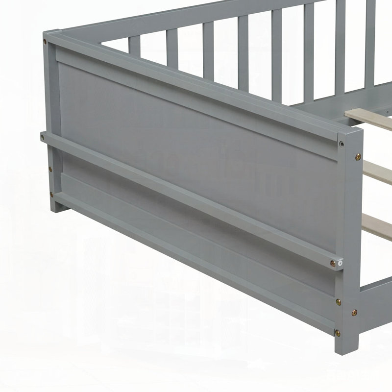Twin size Floor Platform Bed with Built-in Book Rack, Grey