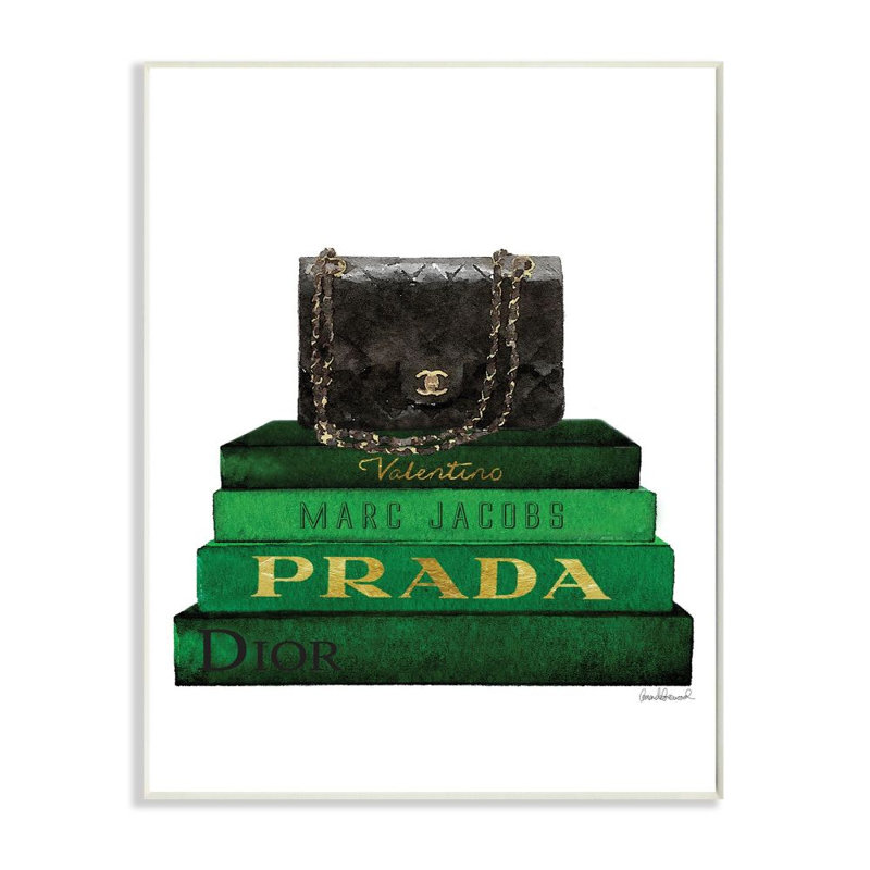«Fashion Designer Purse Bookstack Green Black», impression, Plaque murale, H 15 po x l 10 po
