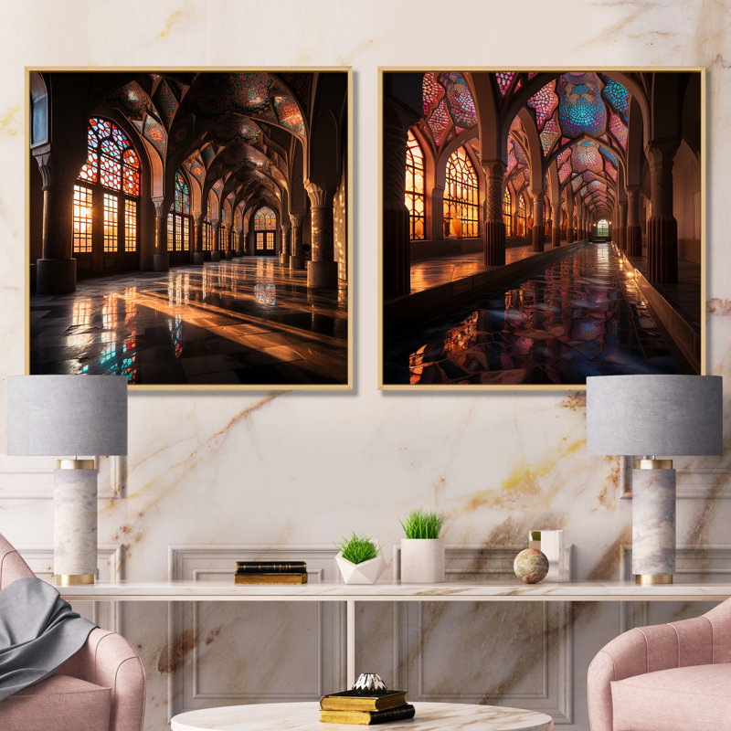 Mosquée Nasir Al Mulk, «I», ensemble de 2 reproductions d'art sur toile, Cadre flottant brun, H 30 po x l 61 po x P 1 po
