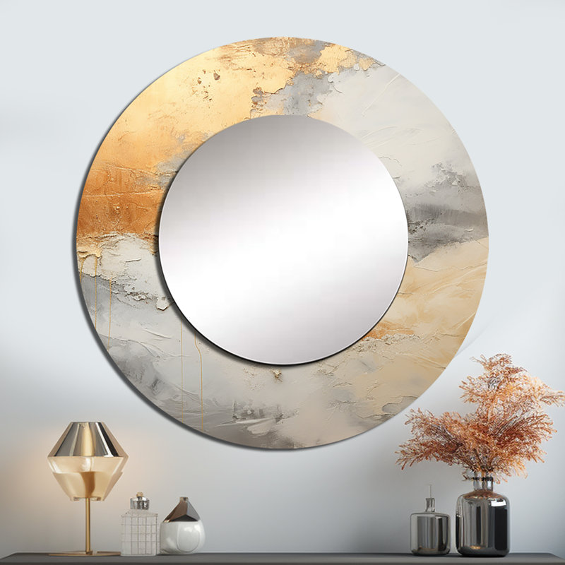 Minimalisme beige - or et tempête I - miroir décoratif tempête, grand miroir mural rond traditionnel, impression d'art en métal