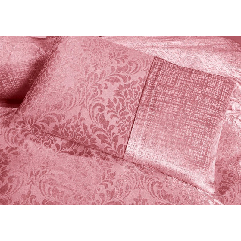 Damask Jacquard Duvet Cover 3 Piece Velvet Bedding Set With Matching Pillowcases, Pink