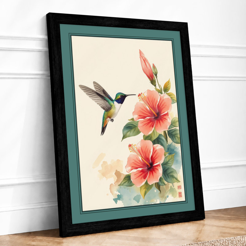 Hummingbird and Coral Blooms Botanical - Framed Print, A2 - 59.4 x 42.0 cm, Black