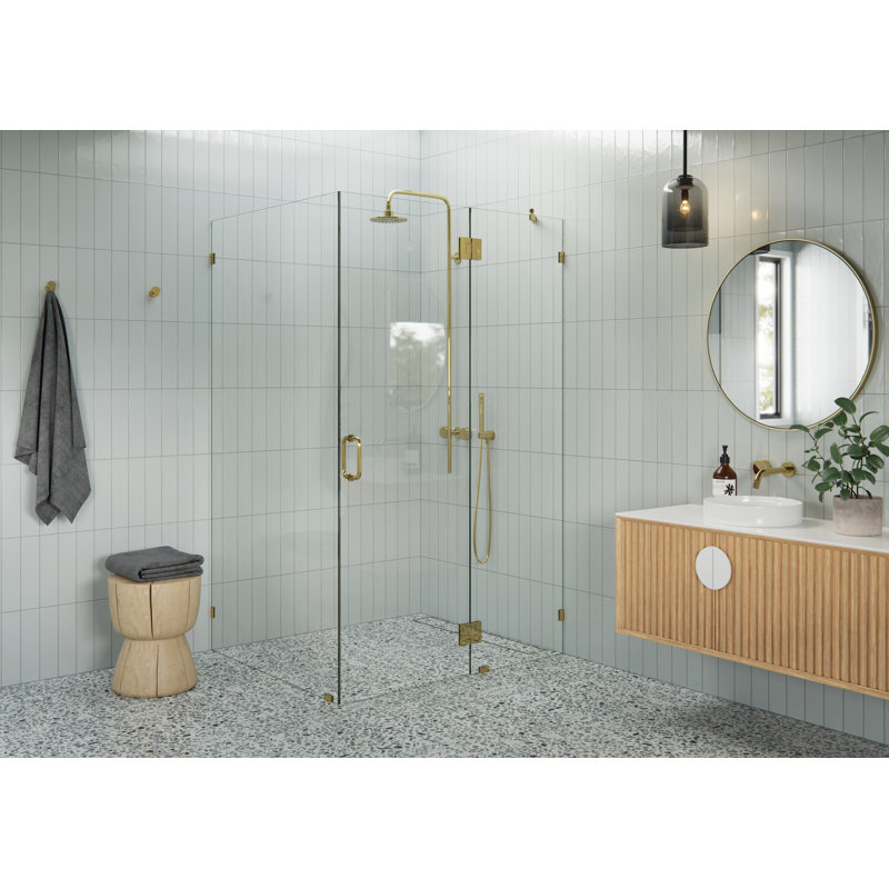 Halo 48 in. x 42 in. x 78 in. 90-degree Fully Frameless Glass Hinged Shower Enclosure, Polished Brass